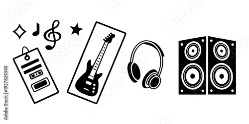A collection of musical icons including a treble clef, phone, guitar, headphones, and speakers Vector