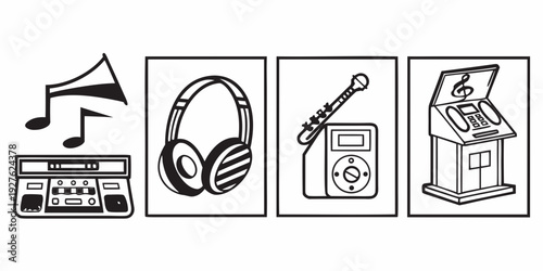 A diverse collection of musical instruments and audio equipment Vector