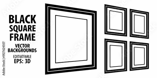 Black and white framed posters on a white wall with a large empty frame Vector