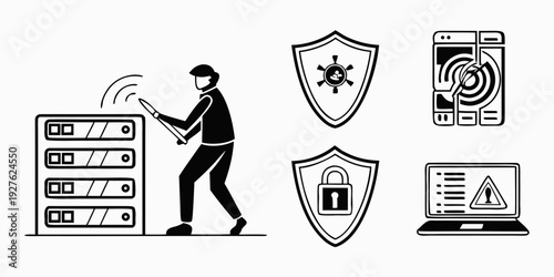 A man in a suit holding a briefcase with various security icons around him. Vector