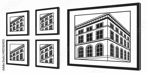 A collection of architectural drawings showcasing a modern building's design and structure Vector