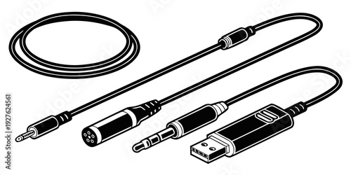 A set of audio and charging cables with various connectors for electronic devices Vector