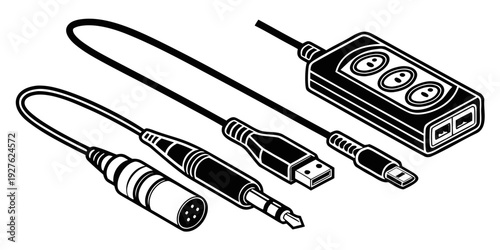 A variety of audio cables and connectors for electronic devices and instruments Vector