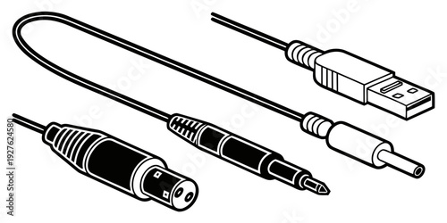 Three different types of audio cables and connectors for electronic devices Vector