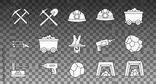 Mining tools and equipment icons representing the industry and its activities.