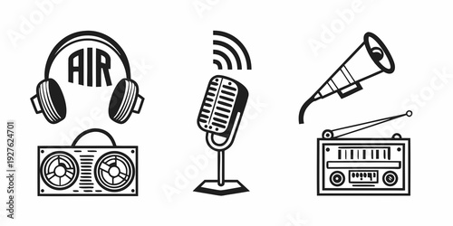 A collection of audio equipment including headphones, a microphone, and a speaker. Vector