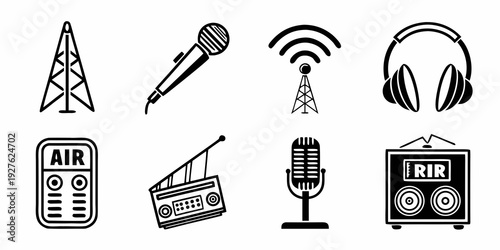 A collection of icons representing various aspects of radio broadcasting and communication Vector