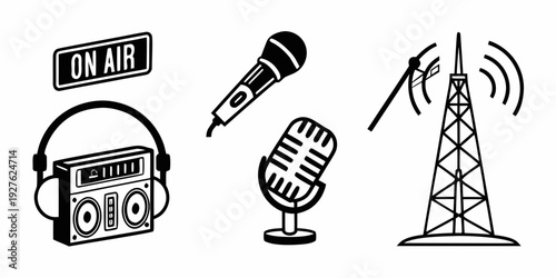 Illustration of various audio and broadcasting equipment in black and white Vector
