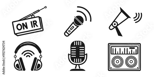 Icons representing various aspects of podcasting and broadcasting Vector
