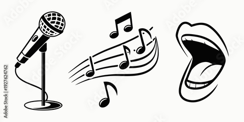 A graphic showing a microphone, a musical note, and a mouth, symbolizing singing and music. Vector