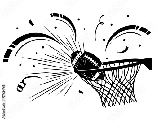 Creative illustration of an American football ball falling into a basketball net with celebration confetti, concept of unexpected success and sports mashup on white background.