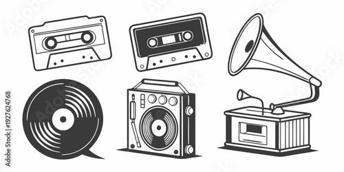 Vintage music equipment including vinyl records, cassette tapes, and a record player Vector