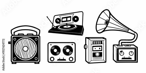 Vintage audio equipment displayed in a row, including a radio, cassette player, and more. Vector