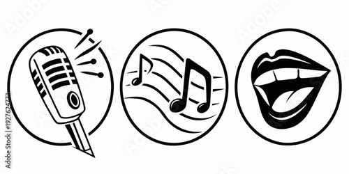 A trio of icons representing a microphone, a musical note, and a smiling mouth Vector