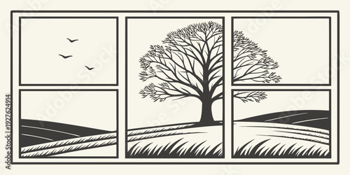 A serene landscape with a tree and a building under a starry sky Vector