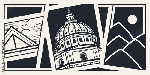 Silhouettes of iconic landmarks from different countries against a white background. Vector