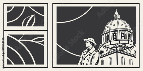 A collection of architectural and natural elements in black and white Vector
