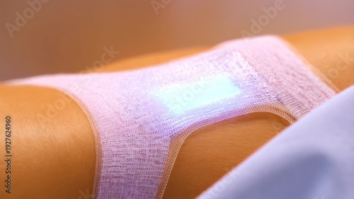 Innovative Healing Technology: A Close-Up of a Wound Dressing with Embedded Light Therapy Enhancing Recovery for Skin Treatment