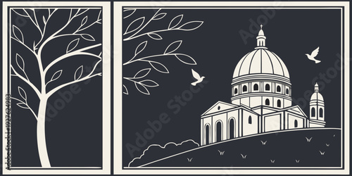 A serene park scene with a majestic tree and a distant building under a starry sky Vector