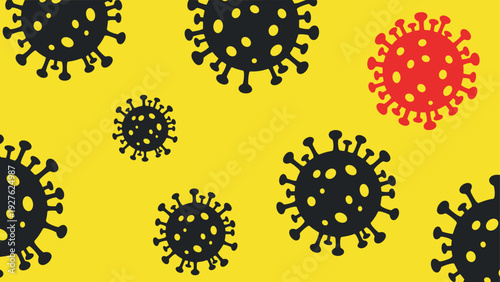 Warning illustration featuring several black coronavirus silhouettes and one red silhouette on a bright yellow background.