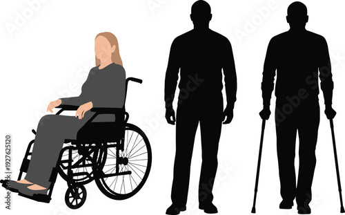Disabled people silhouette vector set, woman in wheelchair and man with crutches standing isolated illustration