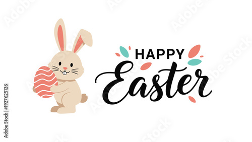 Cute cartoon bunny holding a striped pink easter egg next to happy easter calligraphy text on a white background.