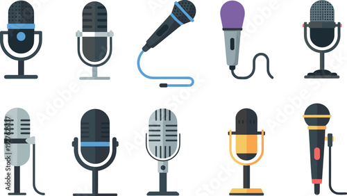 Microphone collection set with vintage and modern audio recording equipment, studio mics, podcast and music tools vector illustration isolated on background