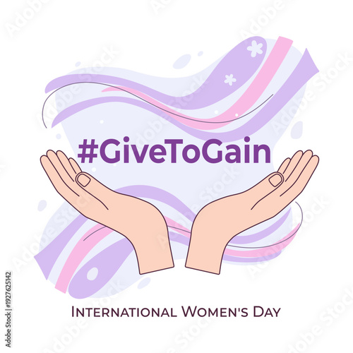 Minimalist vector illustration for International Women's Day featuring cupped hands and GiveToGain text