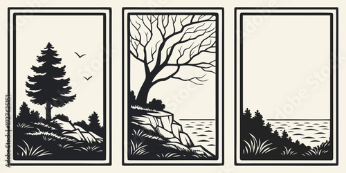 A serene landscape featuring three distinct scenes of nature's beauty and tranquility Vector