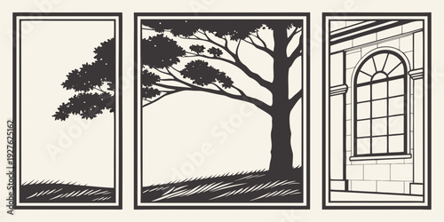 A serene landscape painting featuring a tree, a house, and a mountain Vector