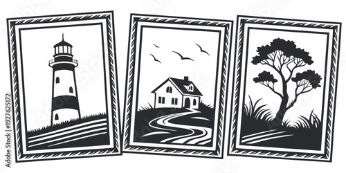 Three distinct scenes featuring a lighthouse, a windmill, and a tree on a hill. Vector