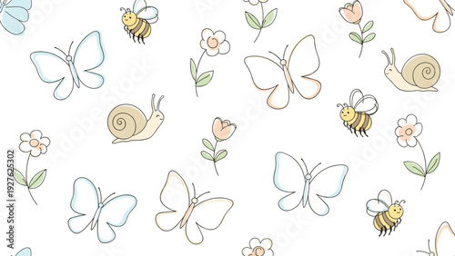 Charming seamless pattern featuring hand drawn butterflies bees snails and flowers in a whimsical garden theme for children.