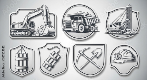 Collection of construction and mining equipment illustrations, perfect for industrial design projects.