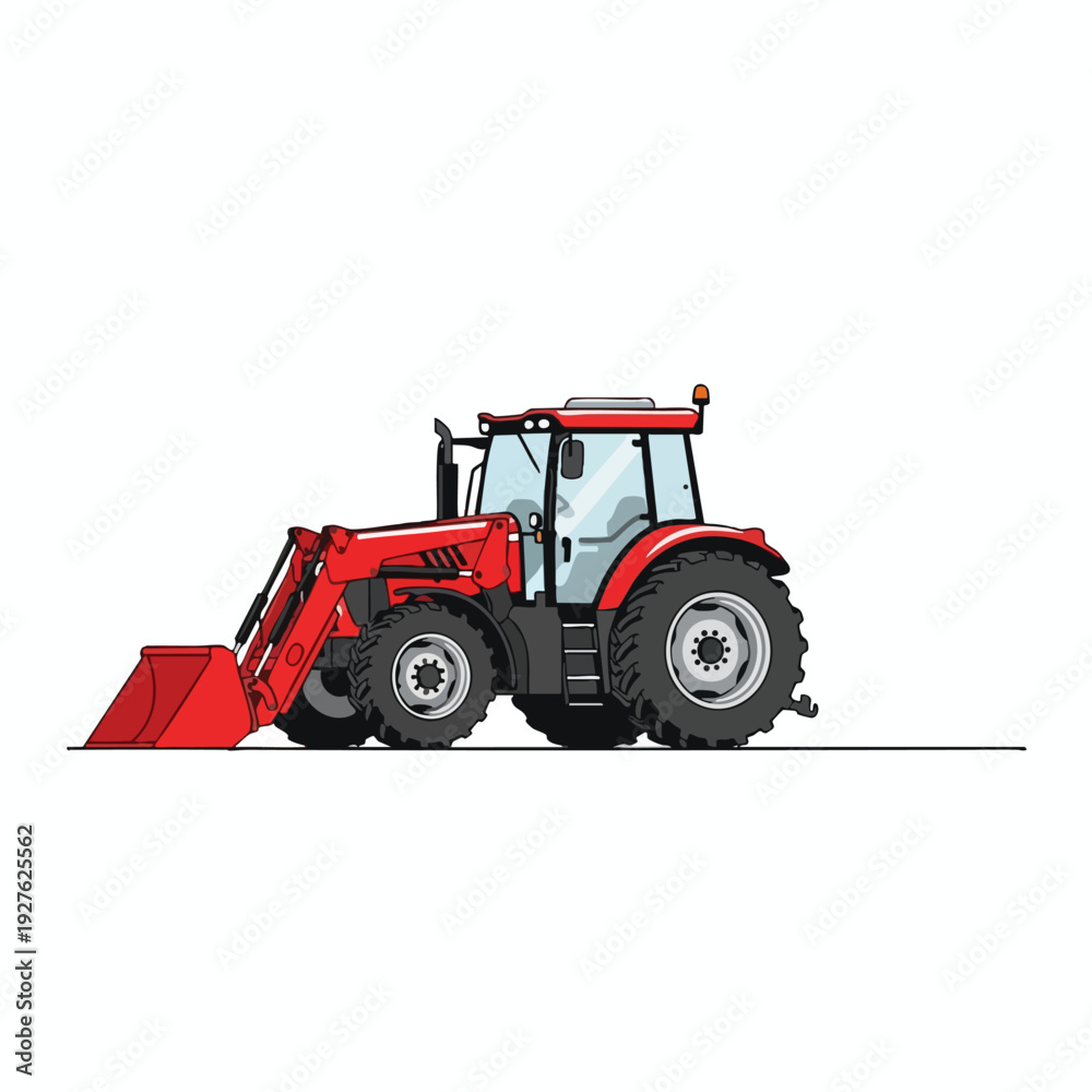 Naklejka premium Red Tractor with Front Loader on Flat Surface for Agricultural and Landscaping Projects