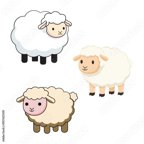 Fluffy Sheep And Lamb Cartoon Set