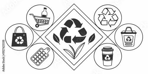 Illustration of various recycling and waste management symbols and icons. Vector