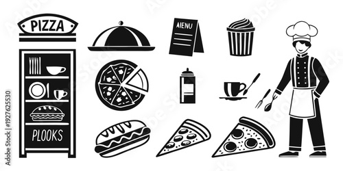 A chef and various pizza-related items in a kitchen setting. Vector