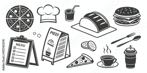 A variety of office supplies and stationery items scattered on a desk Vector