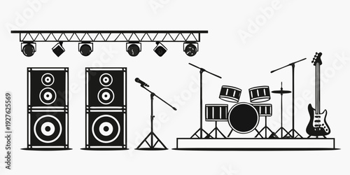 A band setting up their instruments and sound equipment on a stage Vector