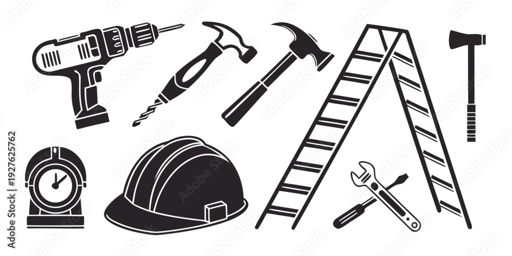 Fototapeta premium A collection of tools and safety equipment commonly used in construction and repair work Vector