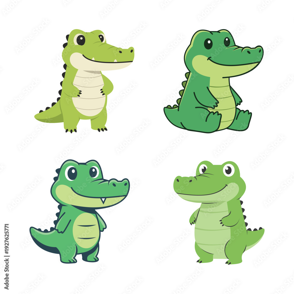 Fototapeta premium Happy Green Crocodile Cartoon Character Set