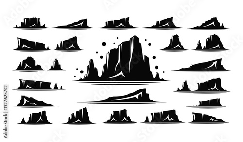 Silhouette of natural rock formations and landscapes in black and white nature