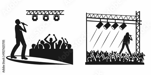 A person skateboarding off a ramp towards a crowd and another performing a trick on a stage Vector