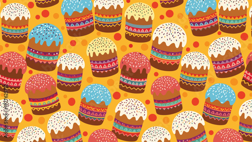 Traditional Easter cakes seamless pattern with colorful icing and decorative patterns on a vibrant orange background for decor.