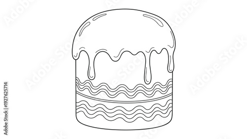 Hand drawn outline of a traditional Easter cake with icing and decorative patterns isolated on a white background for art.