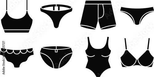 Underwear and swimwear silhouettes illustration set, women lingerie bras panties shorts bodysuit icons, black minimalist fashion vector collection