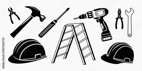 An assortment of tools and safety equipment typically used in construction and repair work Vector