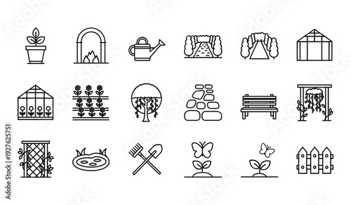 Black line of gardening tools and structures including pots plants watering cans trellises greenhouses
