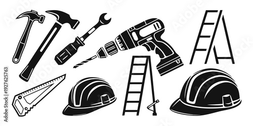 Assorted construction tools and safety equipment on a white background Vector