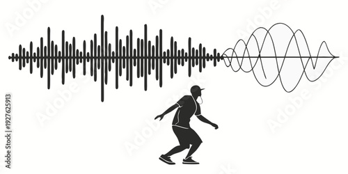 A skier navigating through a sound wave pattern on a snowy mountain slope. Vector
